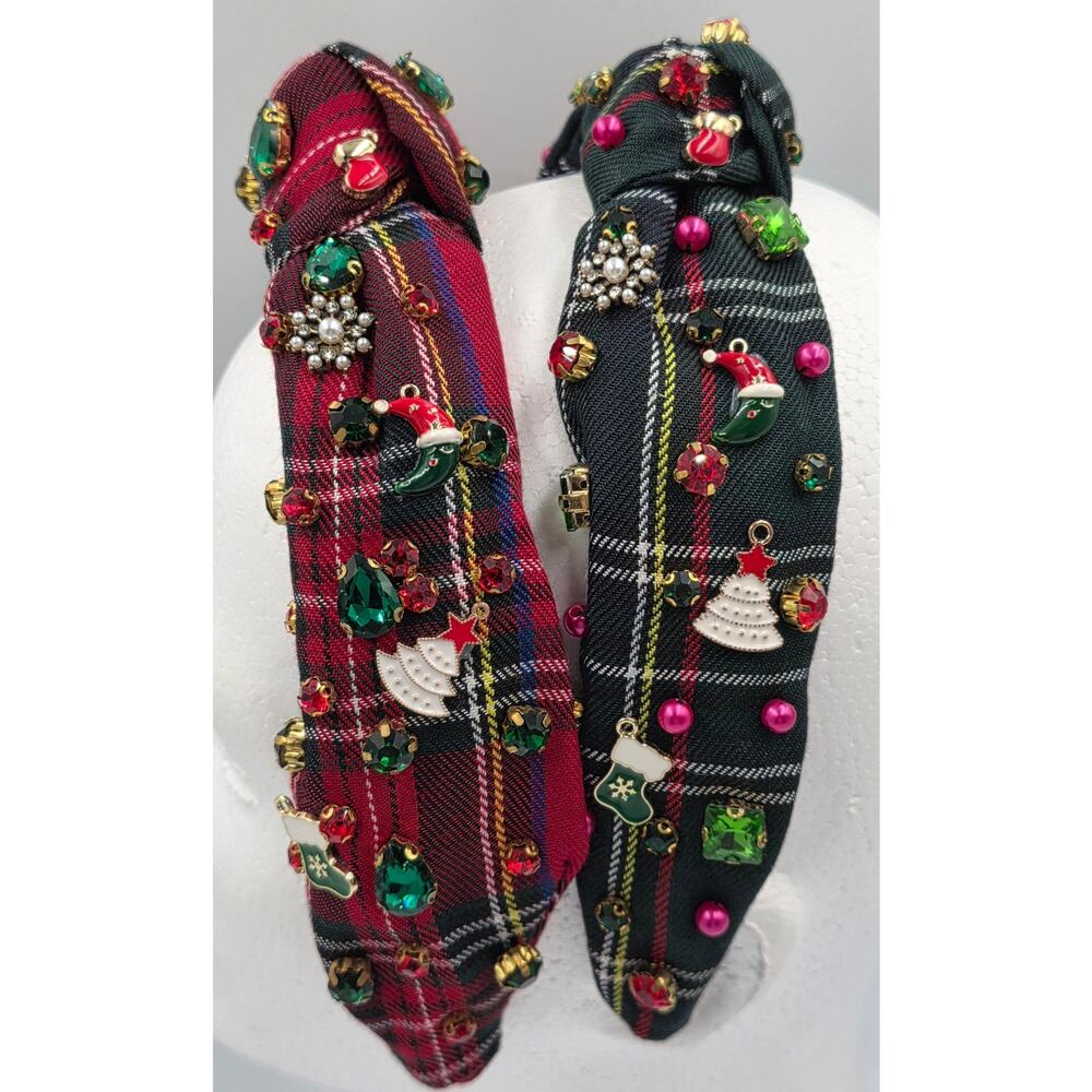 Womens Wide Hair Headbands Christmas Plaid Jeweled Dazzled Holiday Festive - Picture 4 of 8